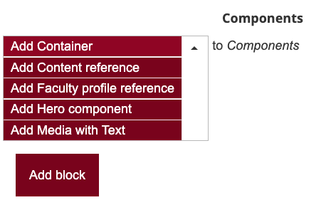 custom component block showing the component options