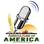 "Agriculture of America" in yellow and green letters beneath a cartoon microphone and wheat