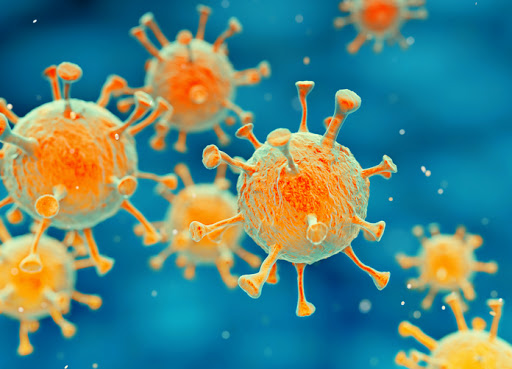 A coronavirus is depicted in a 3D colorful image. The virus is orange and green against a blue background.