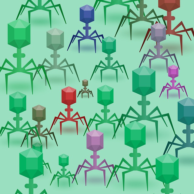 A series of illustrated, multicolored bacteriophage against a green backdrop