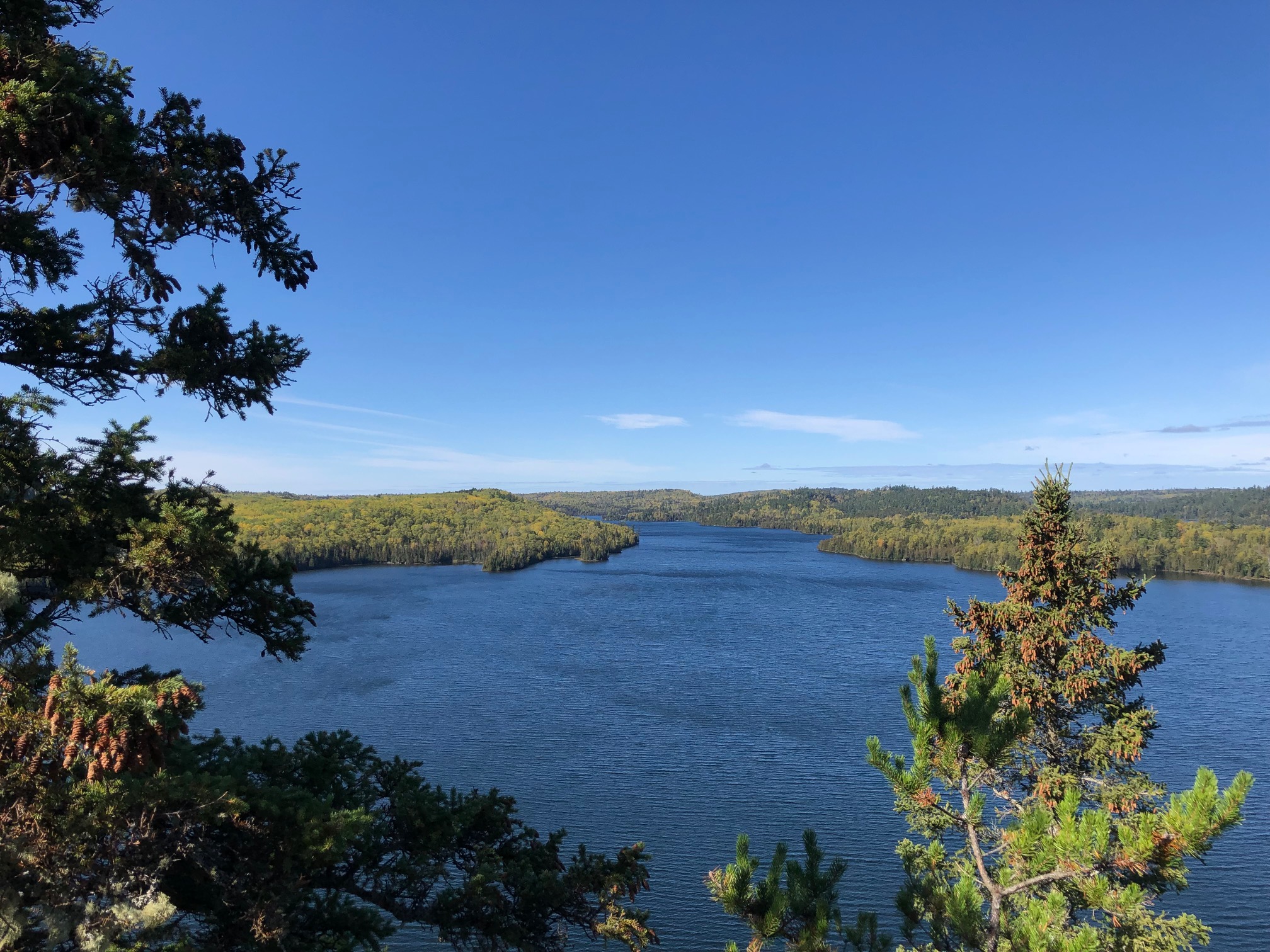 A view from a bluff overlooking a northern Minnesota lake on a sunny September day.