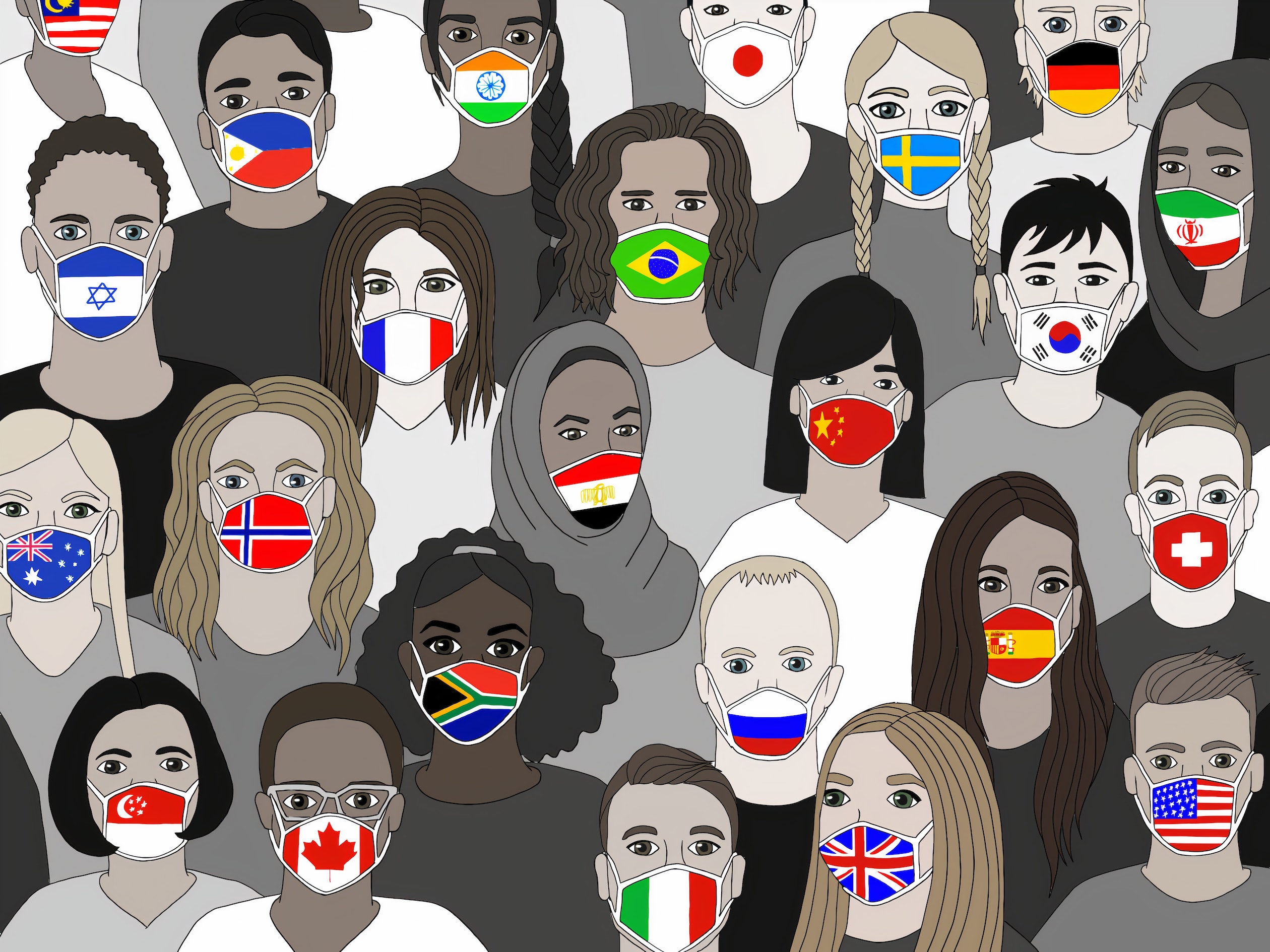 An illustration of a diverse crowd of people wearing masks with their home country&#039;s flag pattern on them.