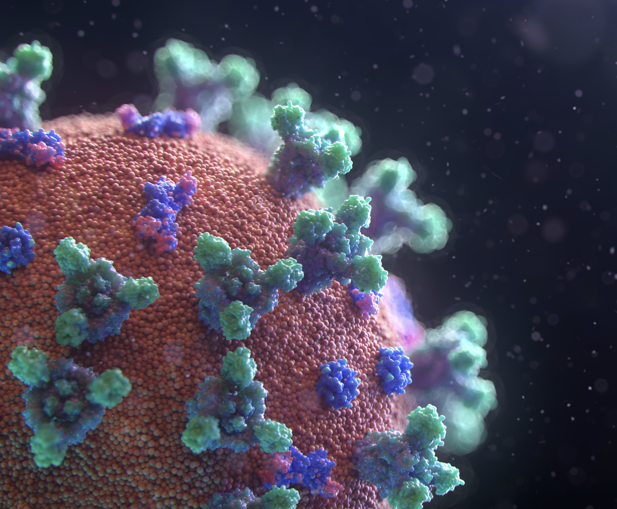 Medical image of the COVID-19 virus. The virus is red with green and blue tendrils against a navy blue background.