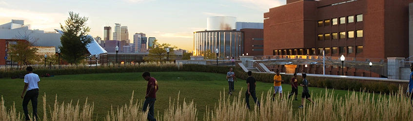 students on the lawn at sunset with the Minneapolis skyline in the background