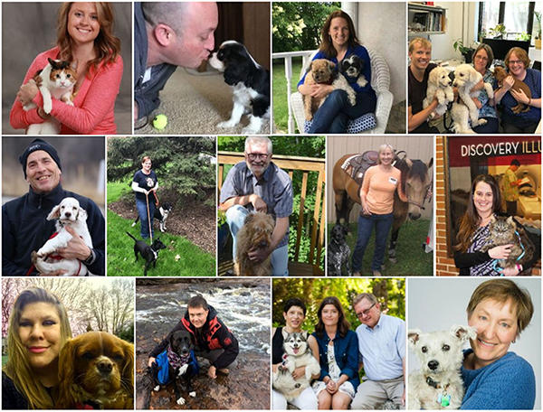 collage of 13 photos of VBS faculty and staff with their pets