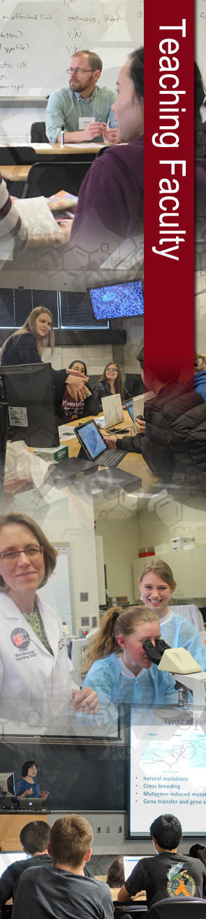 "Teaching faculty" superimposed onto a collage of four images of faculty instructing students