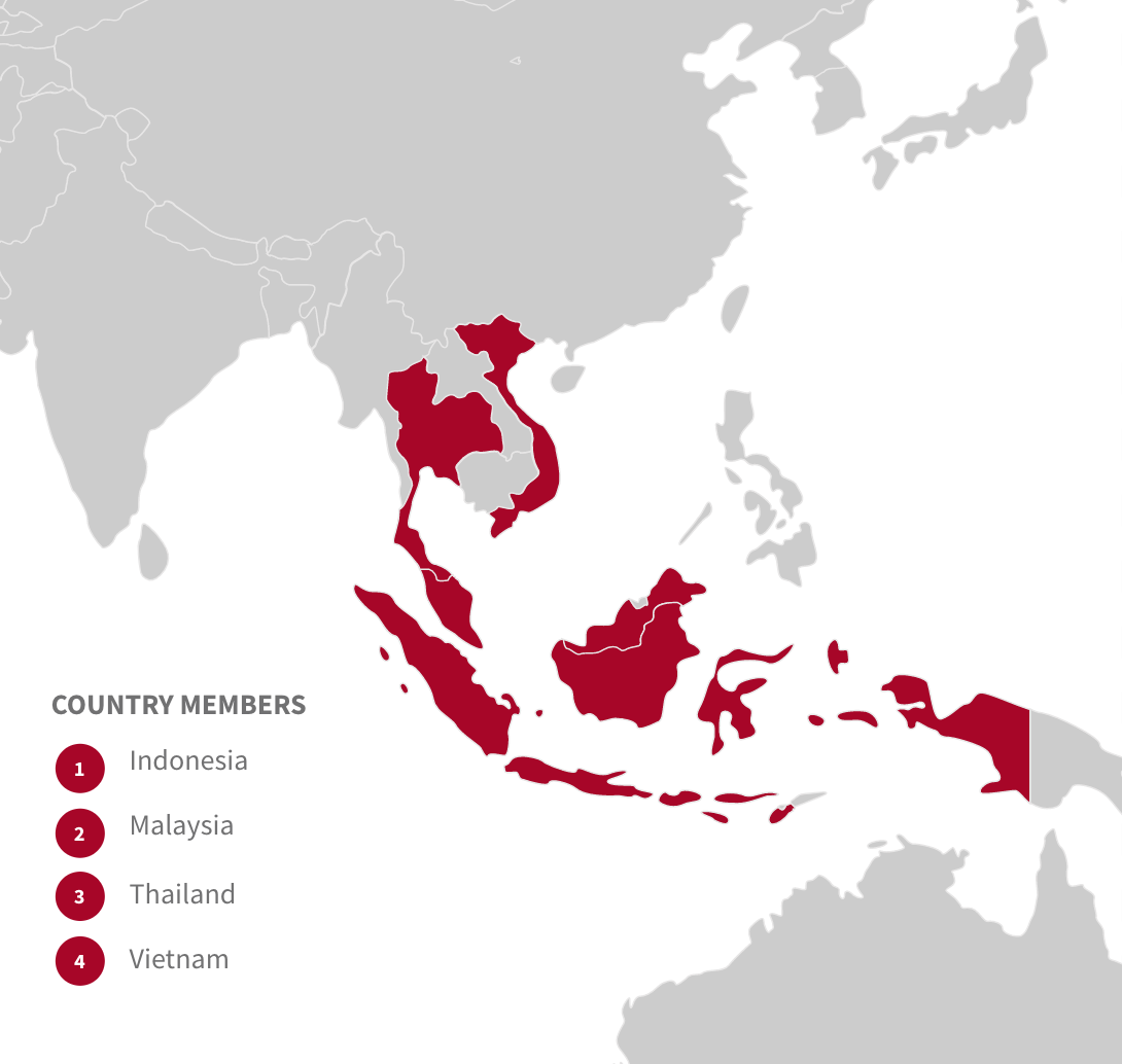 Map of Asian countries with country members, Indonesia, Malaysia, Thailand, and Vietnam highlighted in red