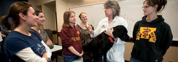 instructor in while lab coat handling a black lab dog, speaking to student gathered around